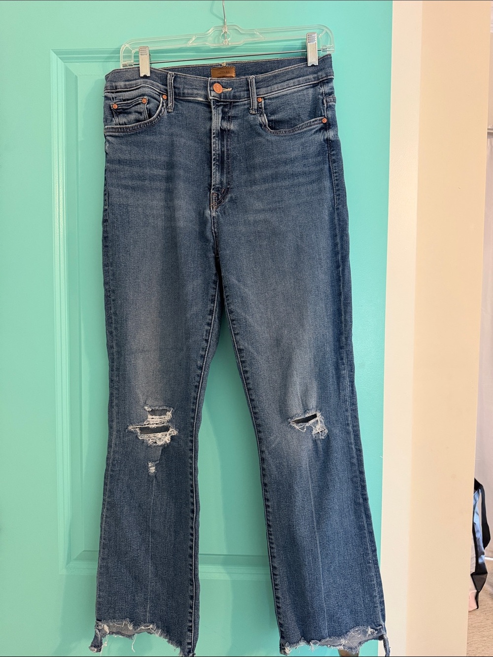 MOTHER Distressed Dark Blue Flare Jeans (the insider crop step chew